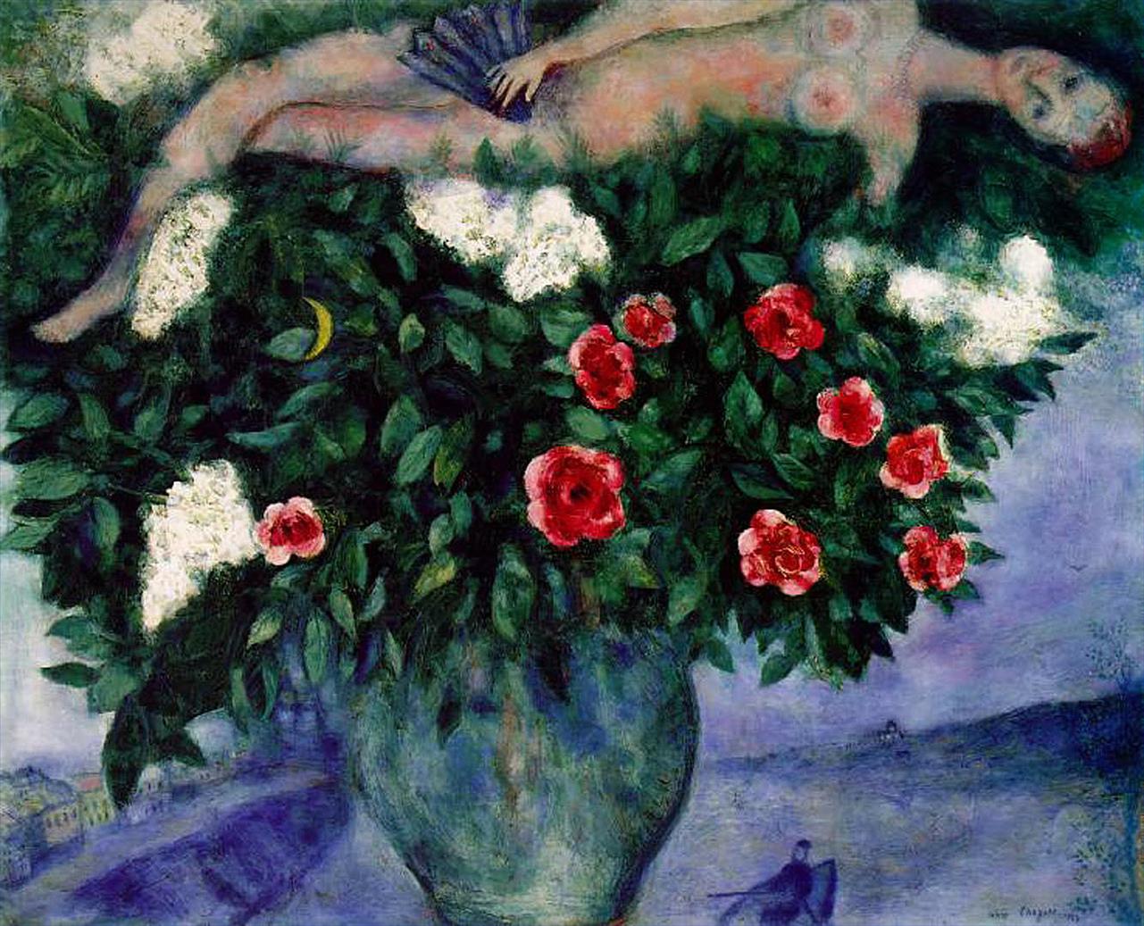 La Femme et les roses contemporain Marc Chagall Peintures à l'huile